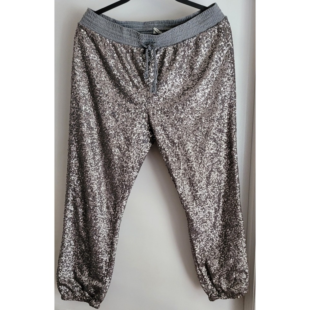 Live Love Dream Sequined Jogger Pants Size L Silver Casual Sweatpants